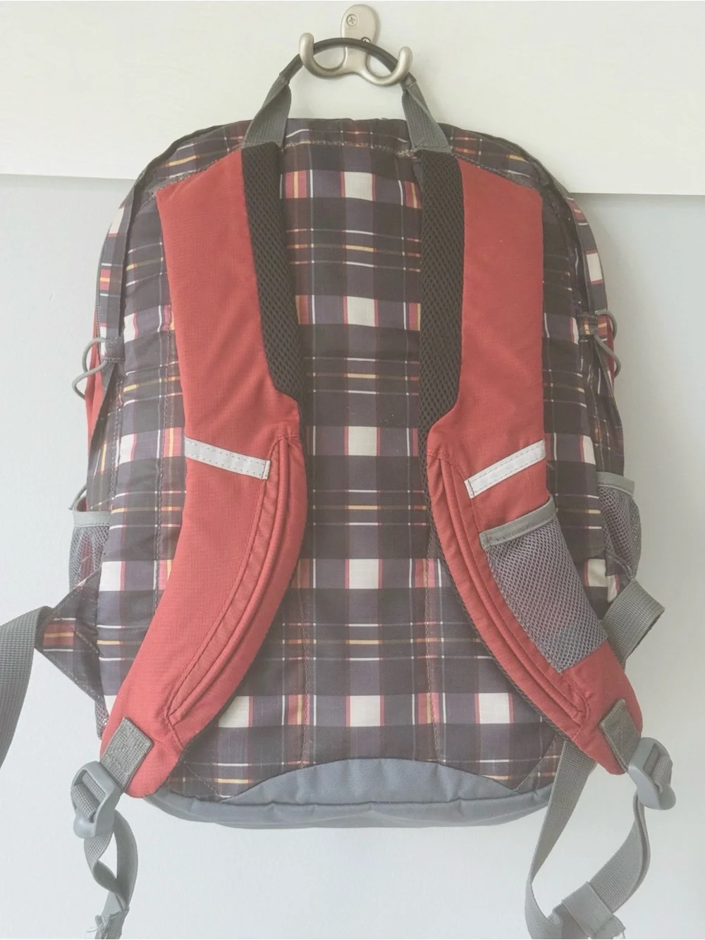 Lands' End Kids Large Red Blue Gray Plaid Backpack 18